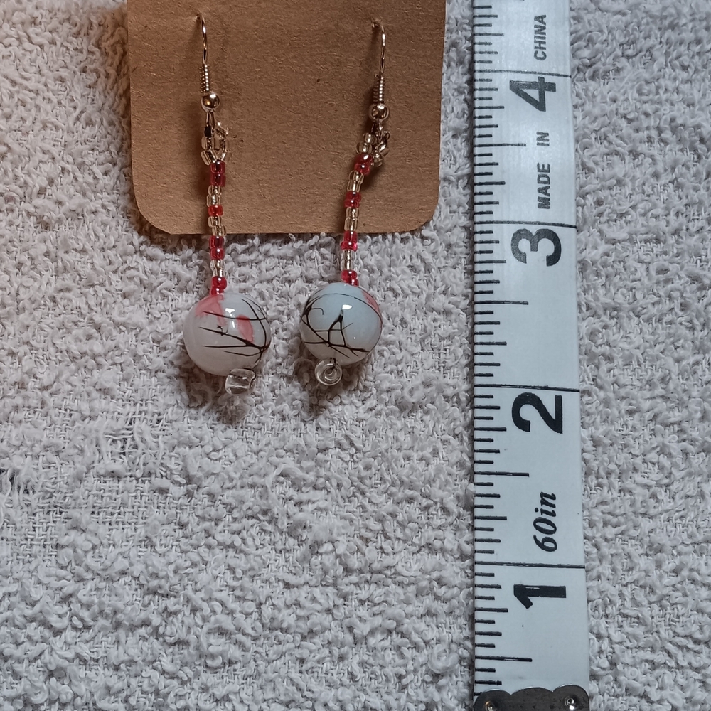 White and Red Bead Drop Earrings with Gold Hooks